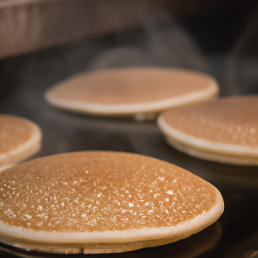 A stack of fluffy pancakes being cooked on a Blackstone flat top grill.