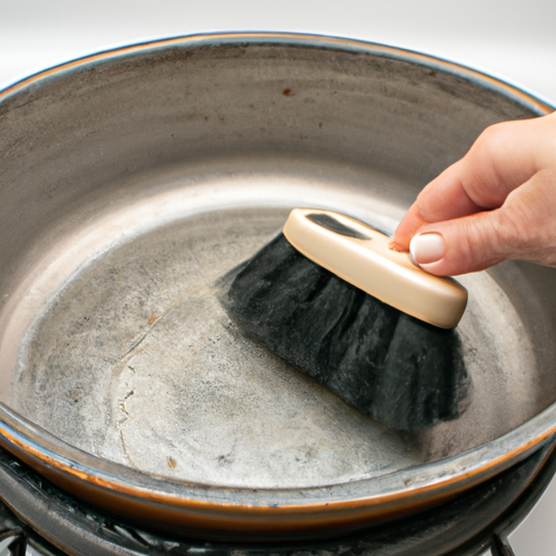 A person cleaning a cast iron pan with a brush