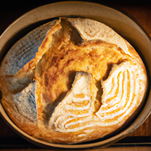 Freshly baked crusty bread with a golden brown crust, made in a Dutch oven.